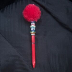 Vibrant Red Pom Pom Pen with Beaded Accents
